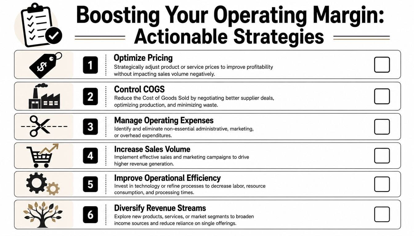 A checklist infographic illustrating six actionable strategies for business owners to improve their company operating profit margin.
