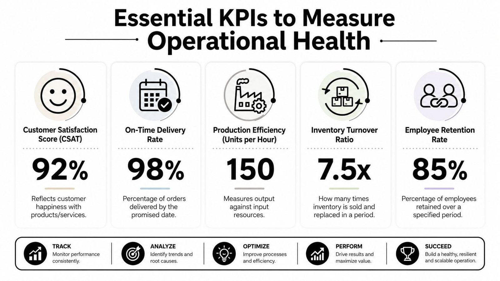 A business infographic displaying five essential key performance indicators for measuring a company's operational health and success.