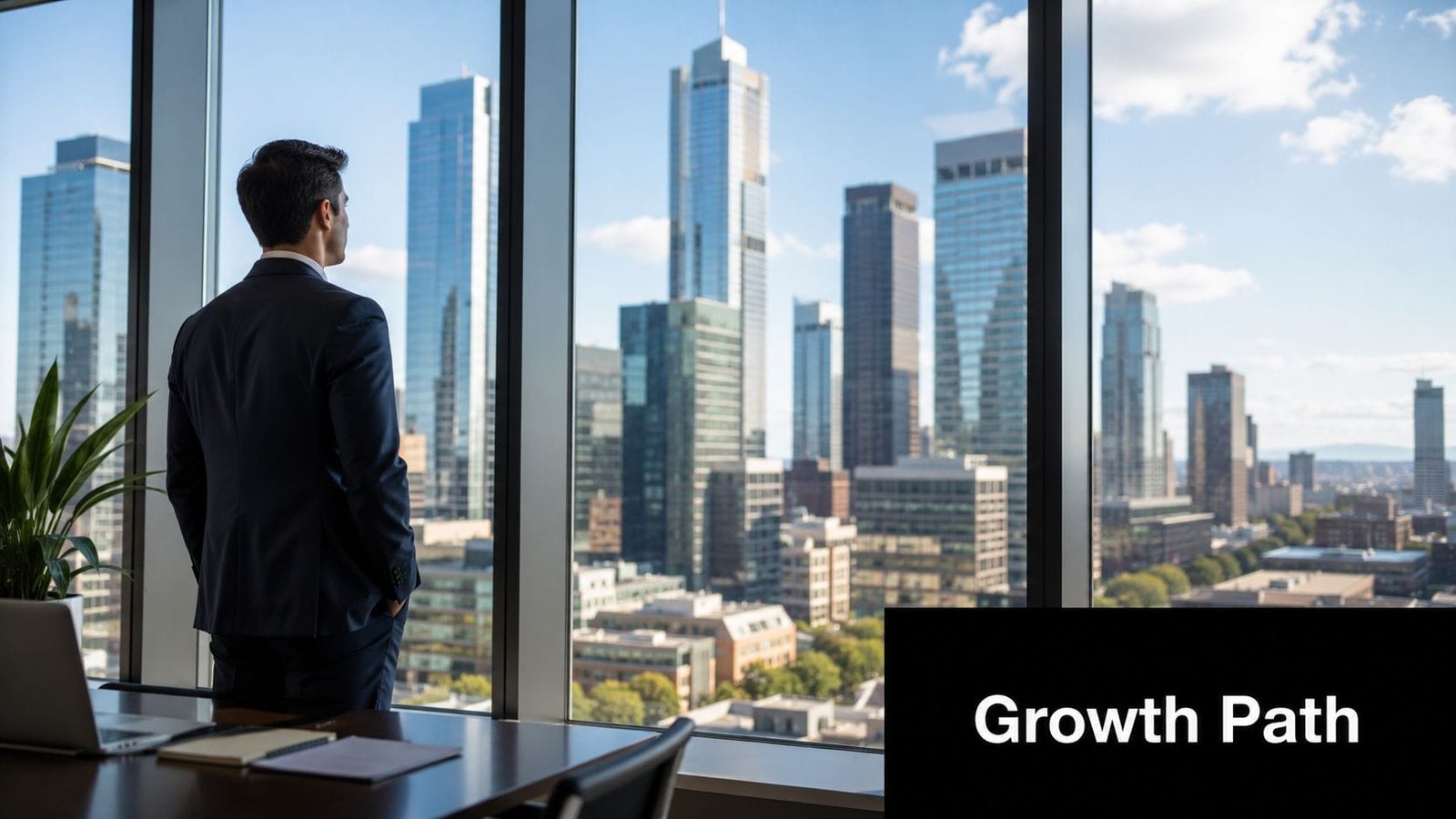 A professional man in a business suit gazes out of a high-rise office window at city skyscrapers.