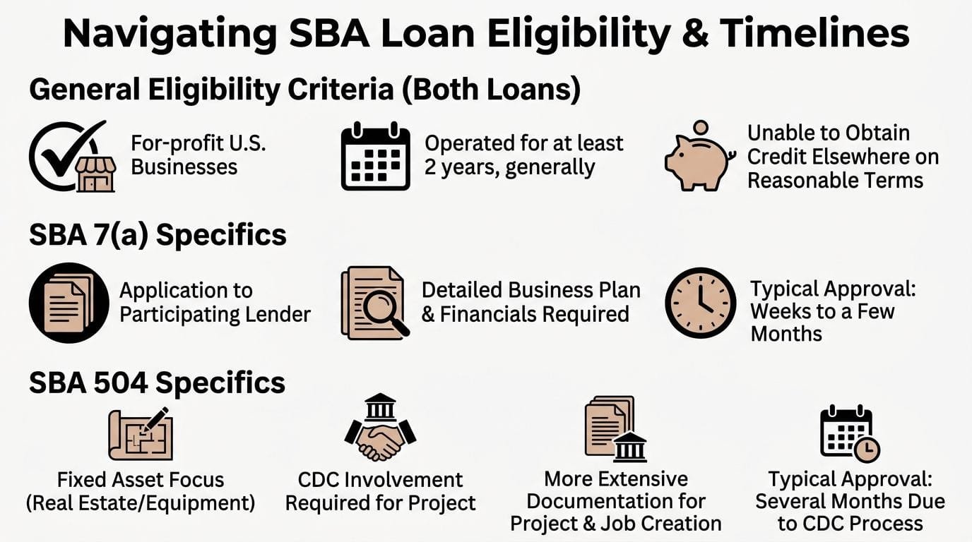 A comparison chart outlining the eligibility criteria and timelines for SBA 7a and 504 business loans.