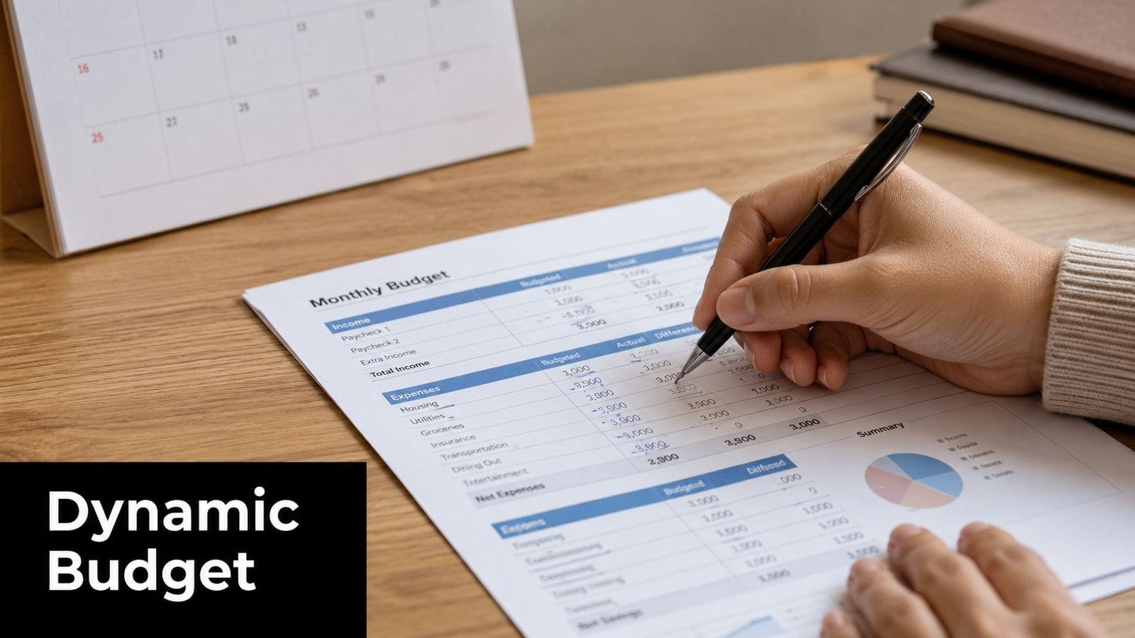 A person hand writing on a monthly budget spreadsheet with a pen on a wooden table.