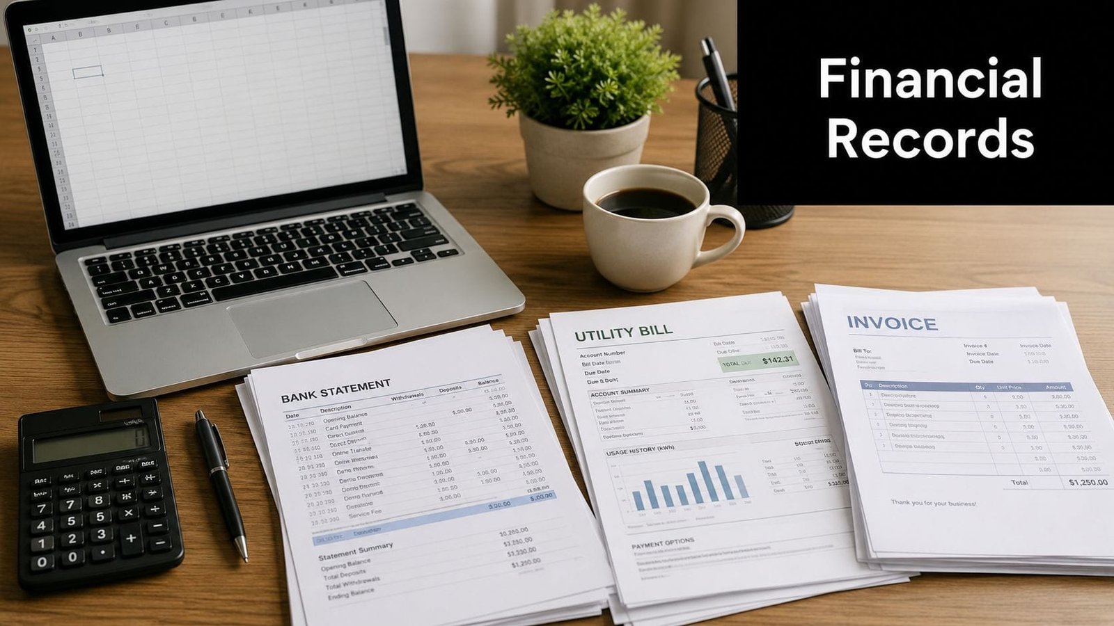 A workspace featuring a laptop, calculator, bank statement, utility bill, and invoice for financial management.
