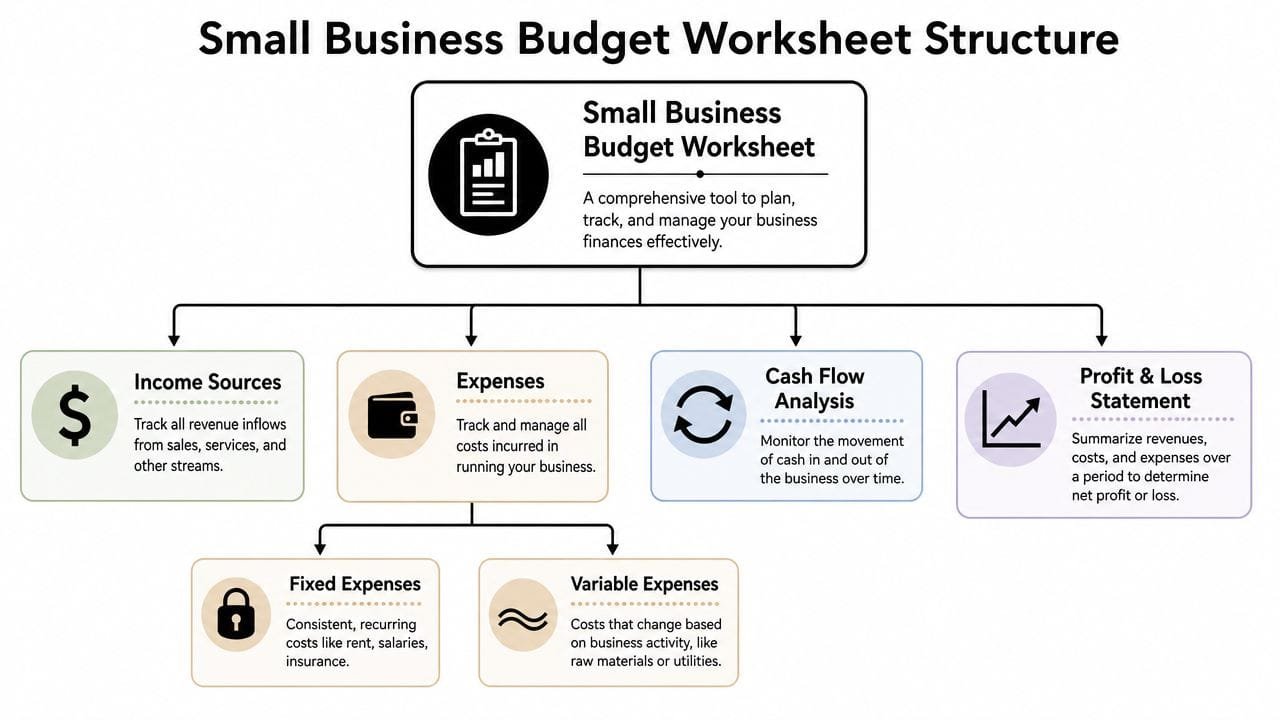 A diagram illustrating the structural components of a small business budget worksheet, including income and expenses.