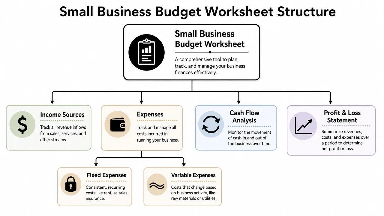 A diagram illustrating the structural components of a small business budget worksheet, including income and expenses.