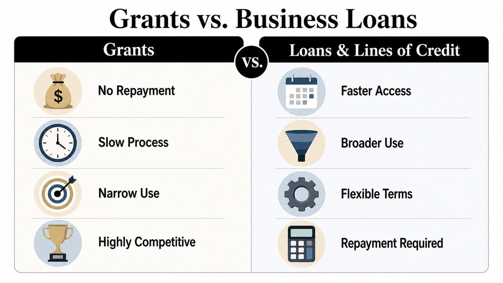 A comparison chart outlining the pros and cons between small business grants and business loans.