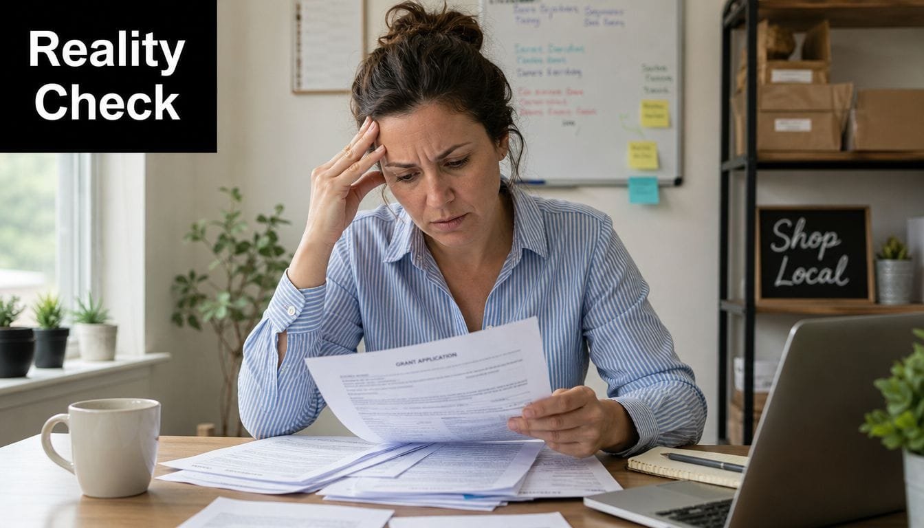 A woman looks stressed while reviewing a grant application document at her office desk.