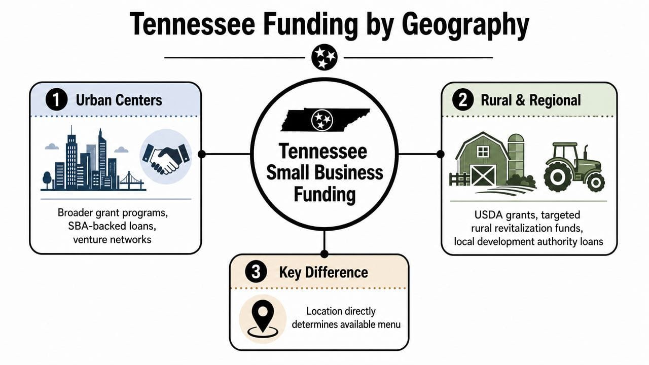 An infographic illustrating how small business funding options in Tennessee vary between urban and rural geographic areas.