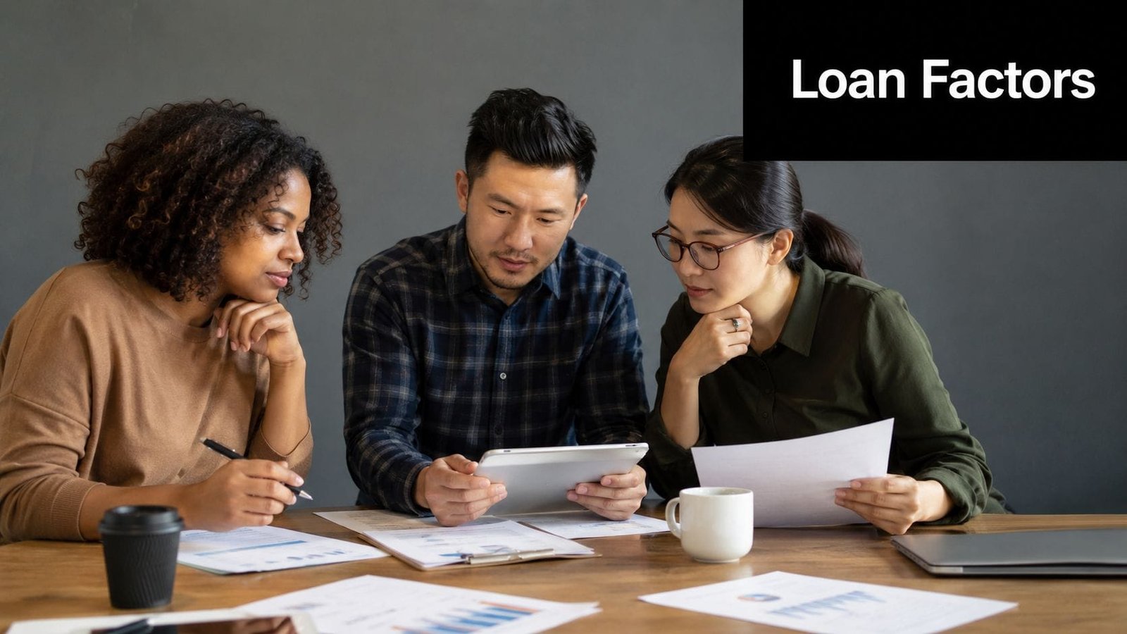 Three diverse professionals reviewing financial documents and a digital tablet while working together on a business project.