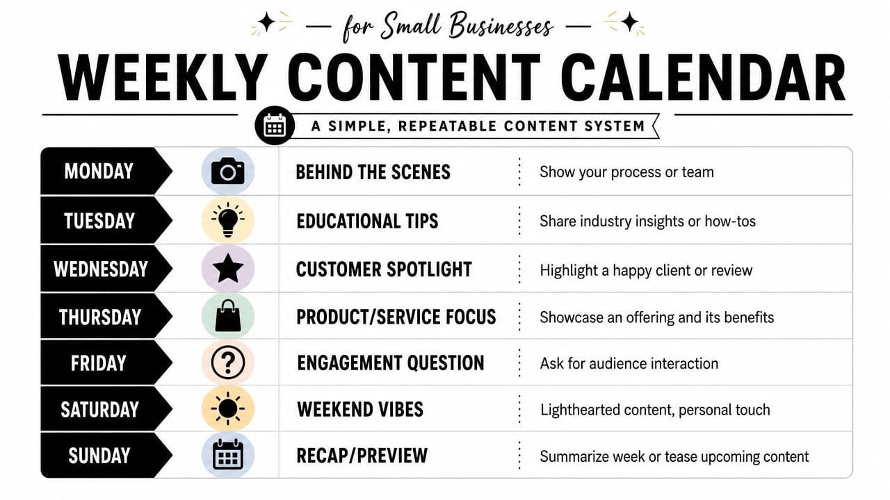 A weekly content calendar for small businesses showing daily posting themes from Monday through to Sunday.