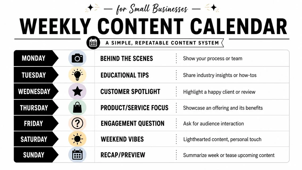 A weekly content calendar for small businesses showing daily posting themes from Monday through to Sunday.