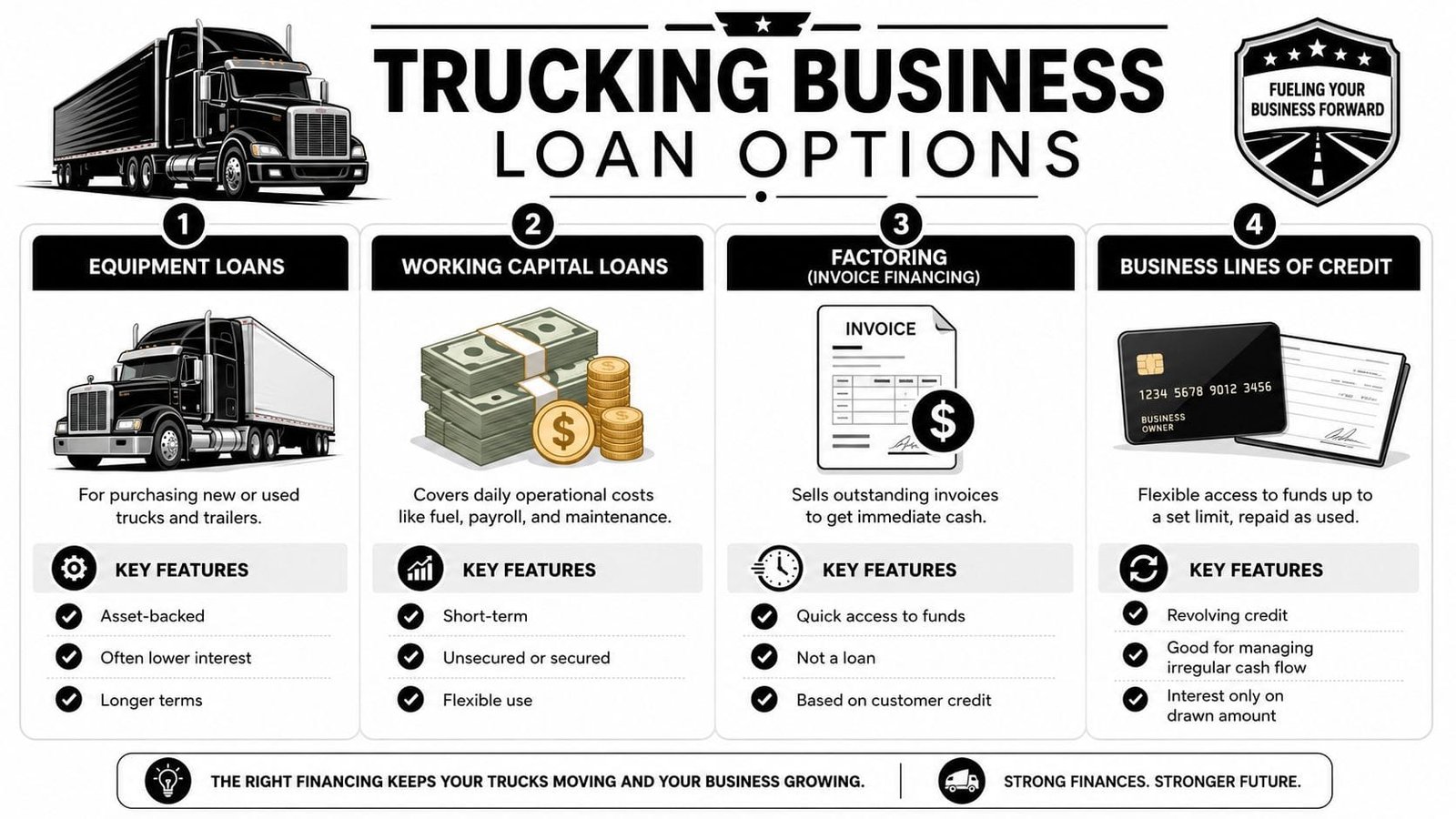 An infographic showing four common types of financing options available for trucking business owners and operators.