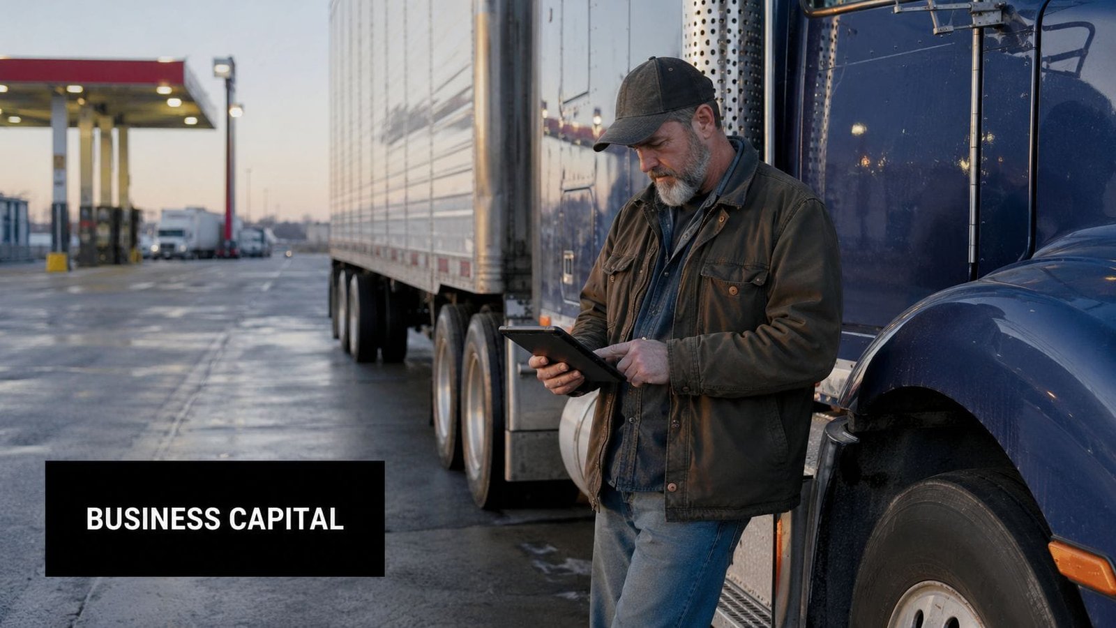 A professional truck driver using a digital tablet while leaning against his parked semi-truck at a gas station.
