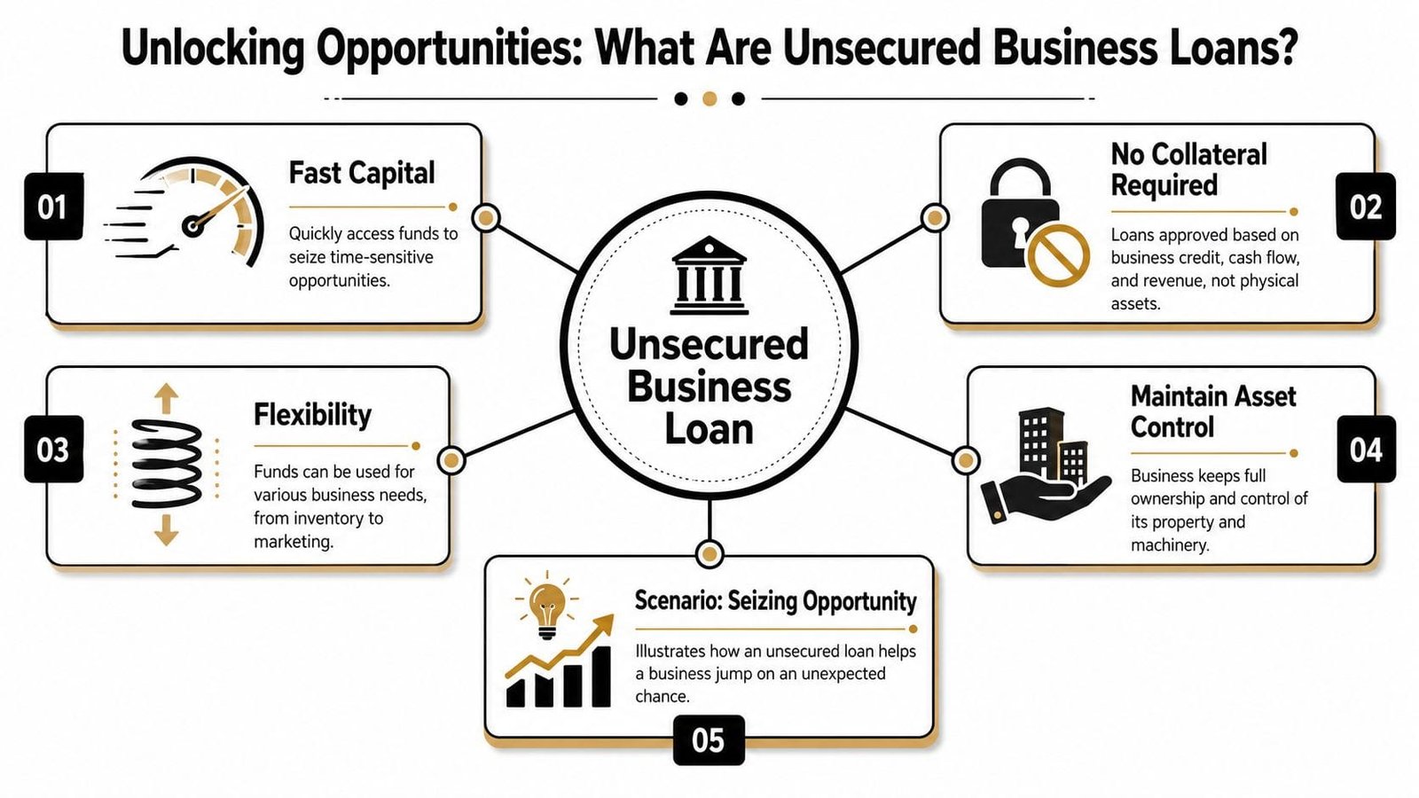 An infographic titled Unsecured Business Loan explaining its key benefits, including fast capital and no collateral requirements.