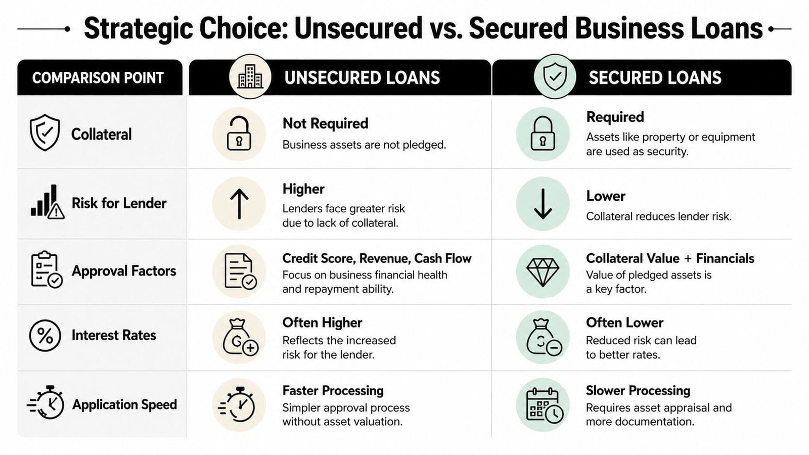 A comparison chart outlining the key differences between unsecured and secured business loans for entrepreneurs and companies.
