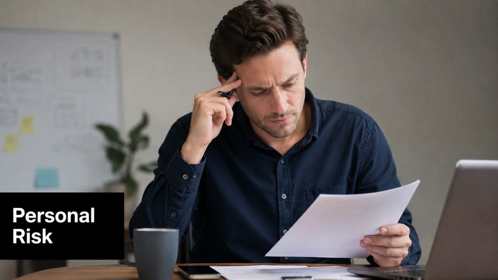 A concerned man sitting at his desk reviewing financial documents while considering unsecured business loan options.
