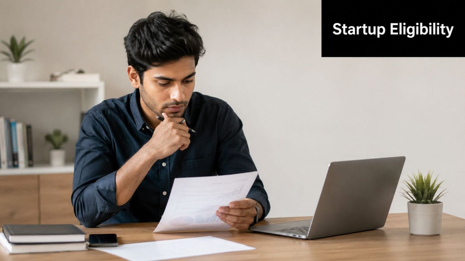 A young professional man reviewing business documents and planning at his desk with a laptop.