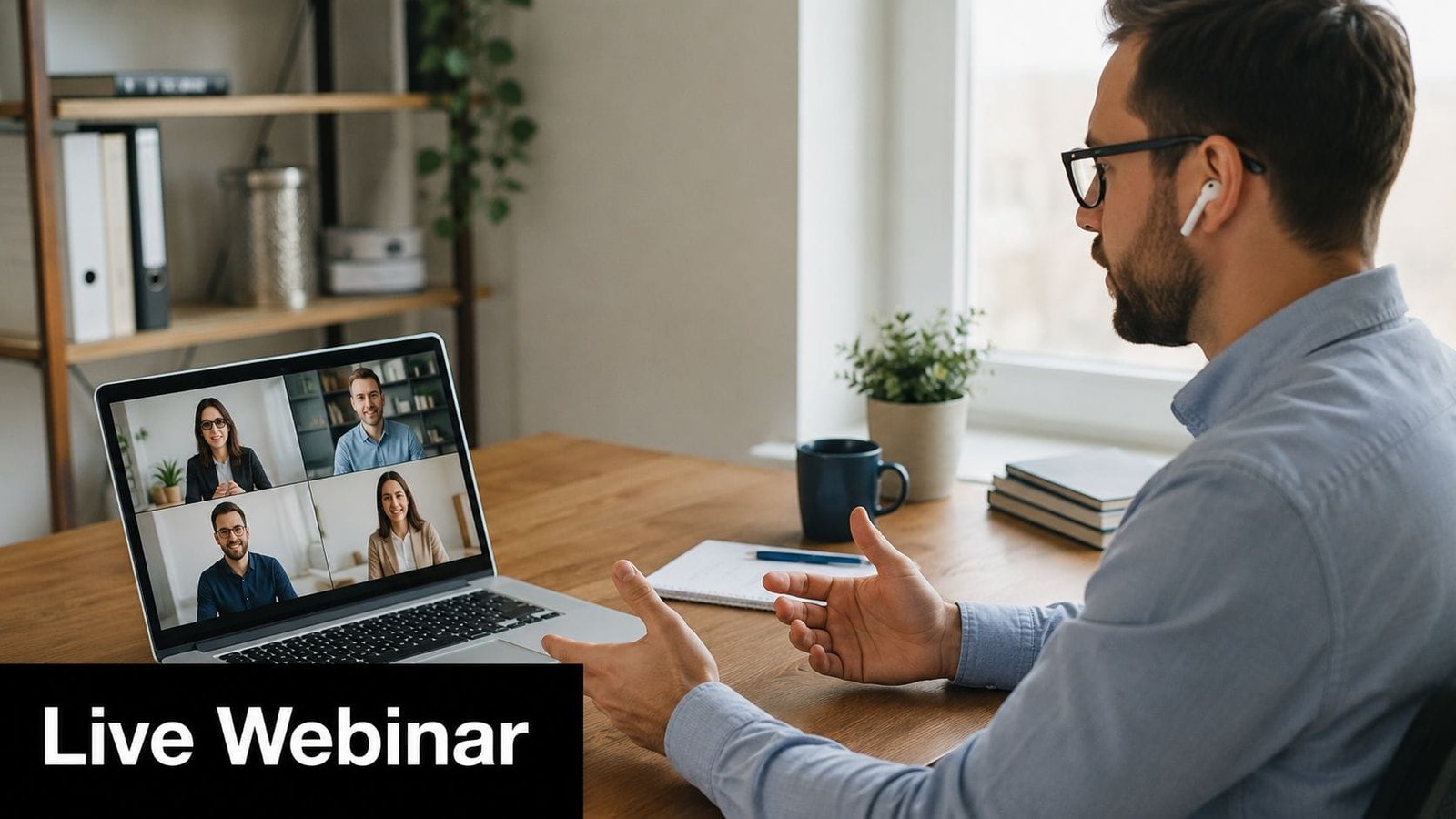 A professional man participates in a live webinar on his laptop while sitting at a wooden desk.