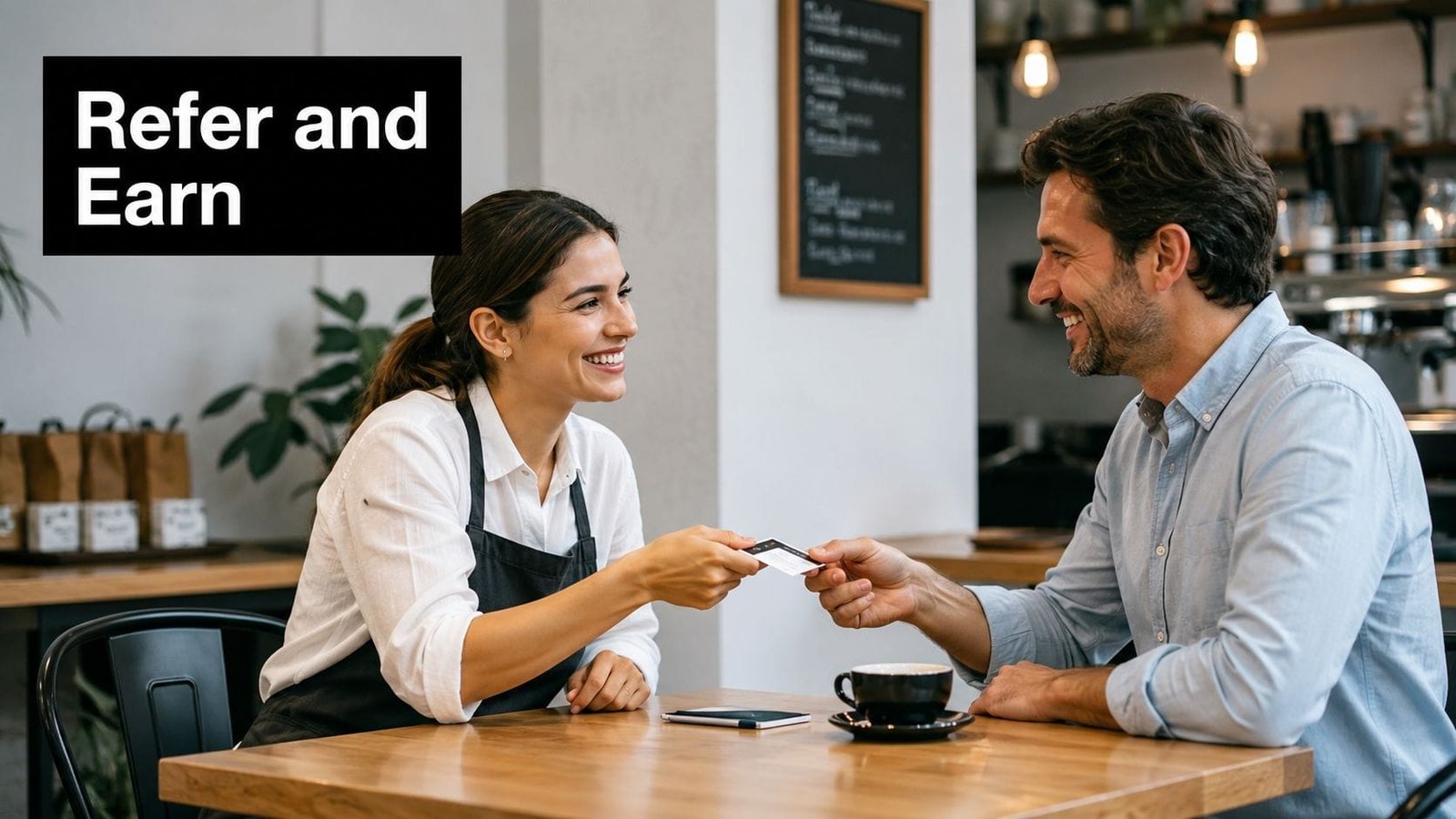 A friendly cafe barista hands a loyalty card to a smiling male customer sitting at a table.