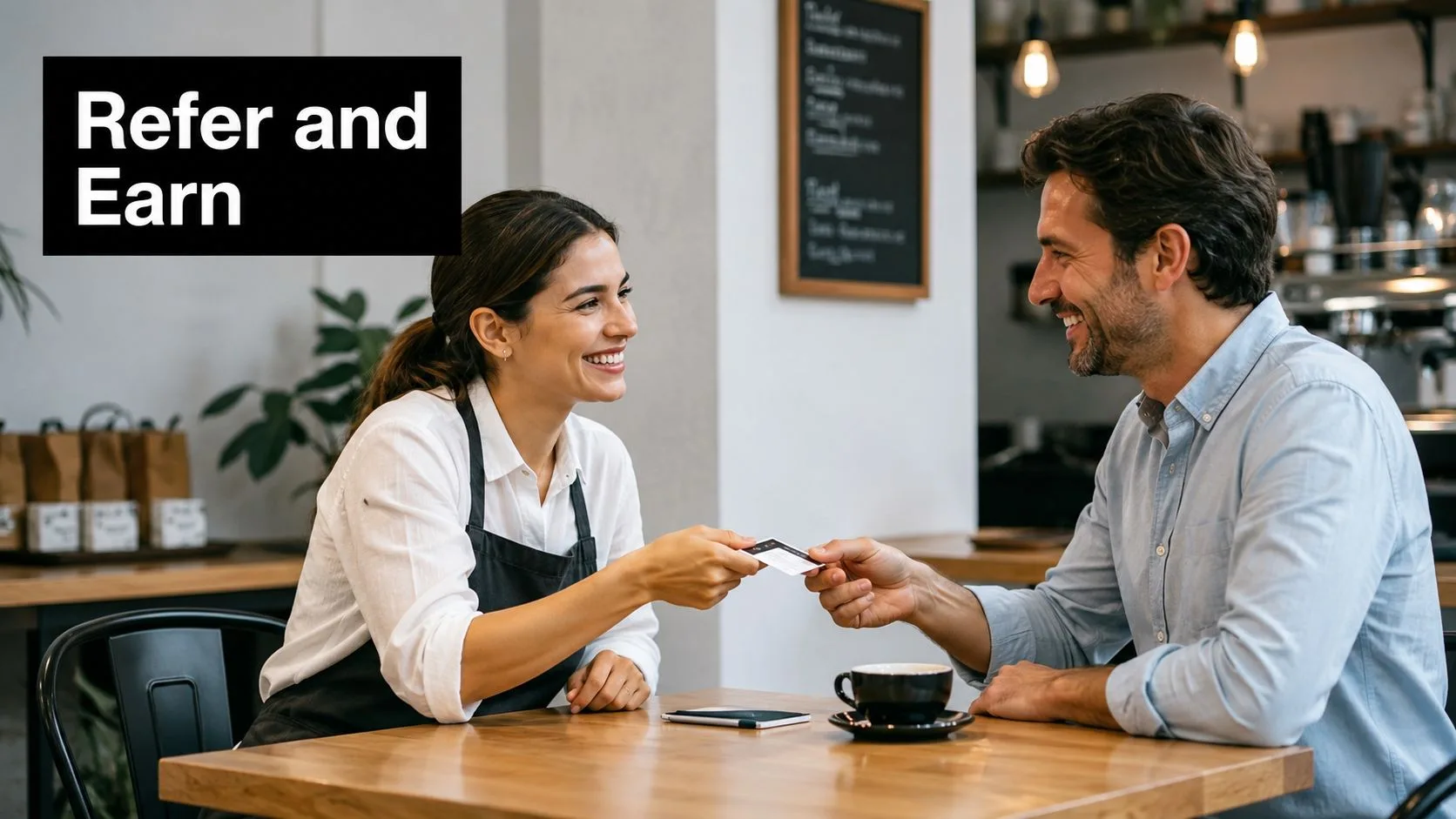 A friendly cafe barista hands a loyalty card to a smiling male customer sitting at a table.