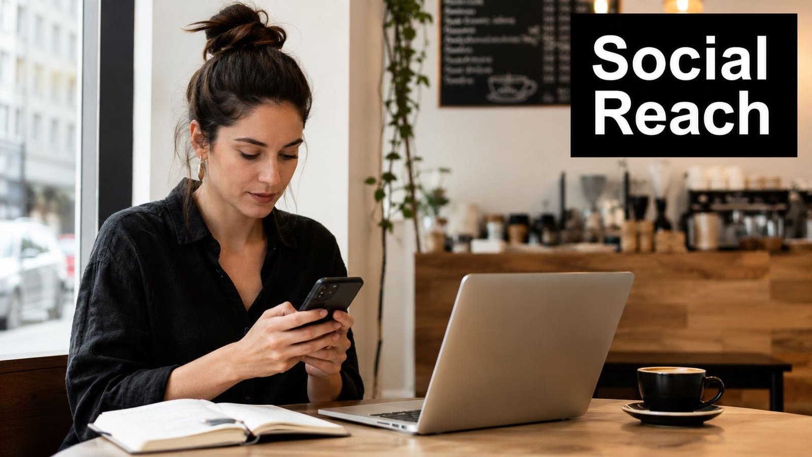 A woman working on her smartphone while sitting at a cafe table with a laptop and notebook.