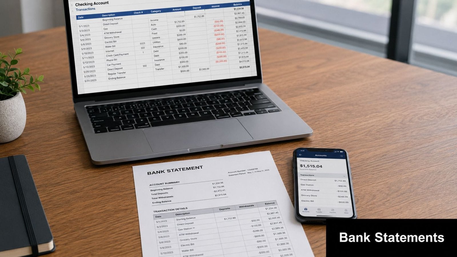 A wooden desk featuring a laptop, a printed bank statement, and a smartphone displaying financial account details.