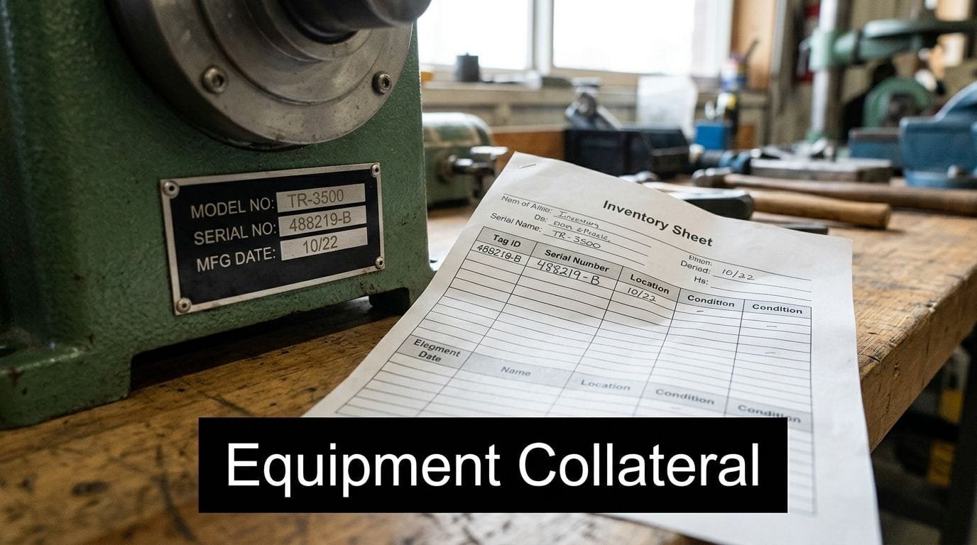 A close-up view of a metal machine equipment plate and an associated paper inventory sheet on a workbench.