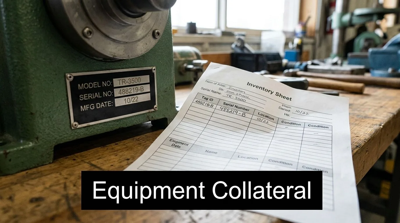 A close-up view of a metal machine equipment plate and an associated paper inventory sheet on a workbench.