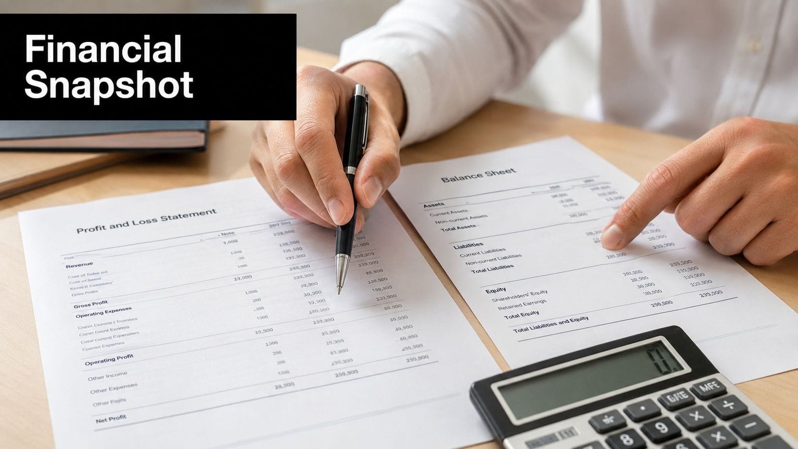 A professional analyzing financial documents including a profit and loss statement and a balance sheet with a pen.