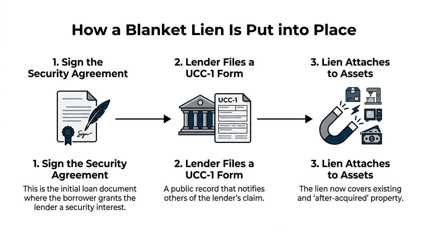 A three-step infographic illustrating the process of how a blanket lien is officially put into place.