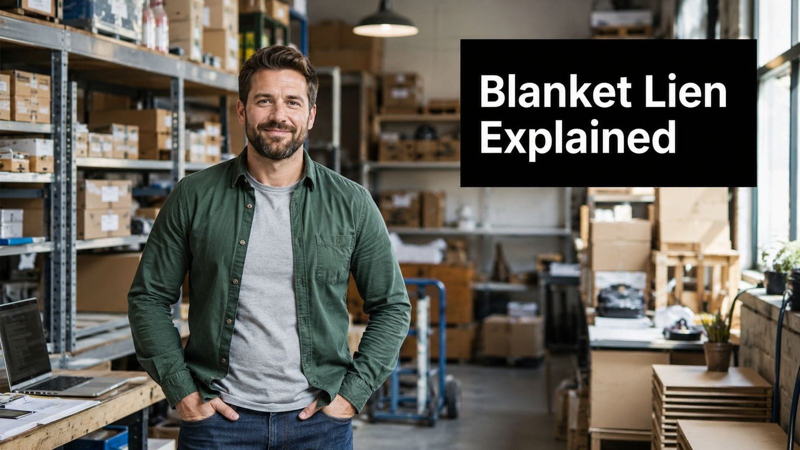 A smiling business owner standing confidently in his organized warehouse with shelves full of inventory boxes.