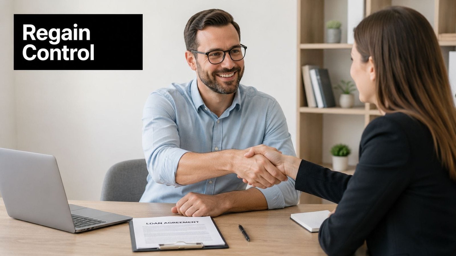 A professional man and woman shake hands across a desk after signing a loan agreement document.
