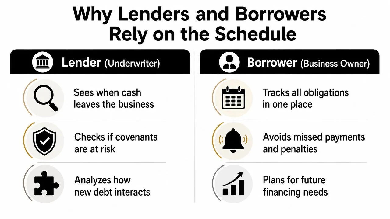 A comparison chart explaining why both lenders and borrowers rely on a debt repayment schedule.