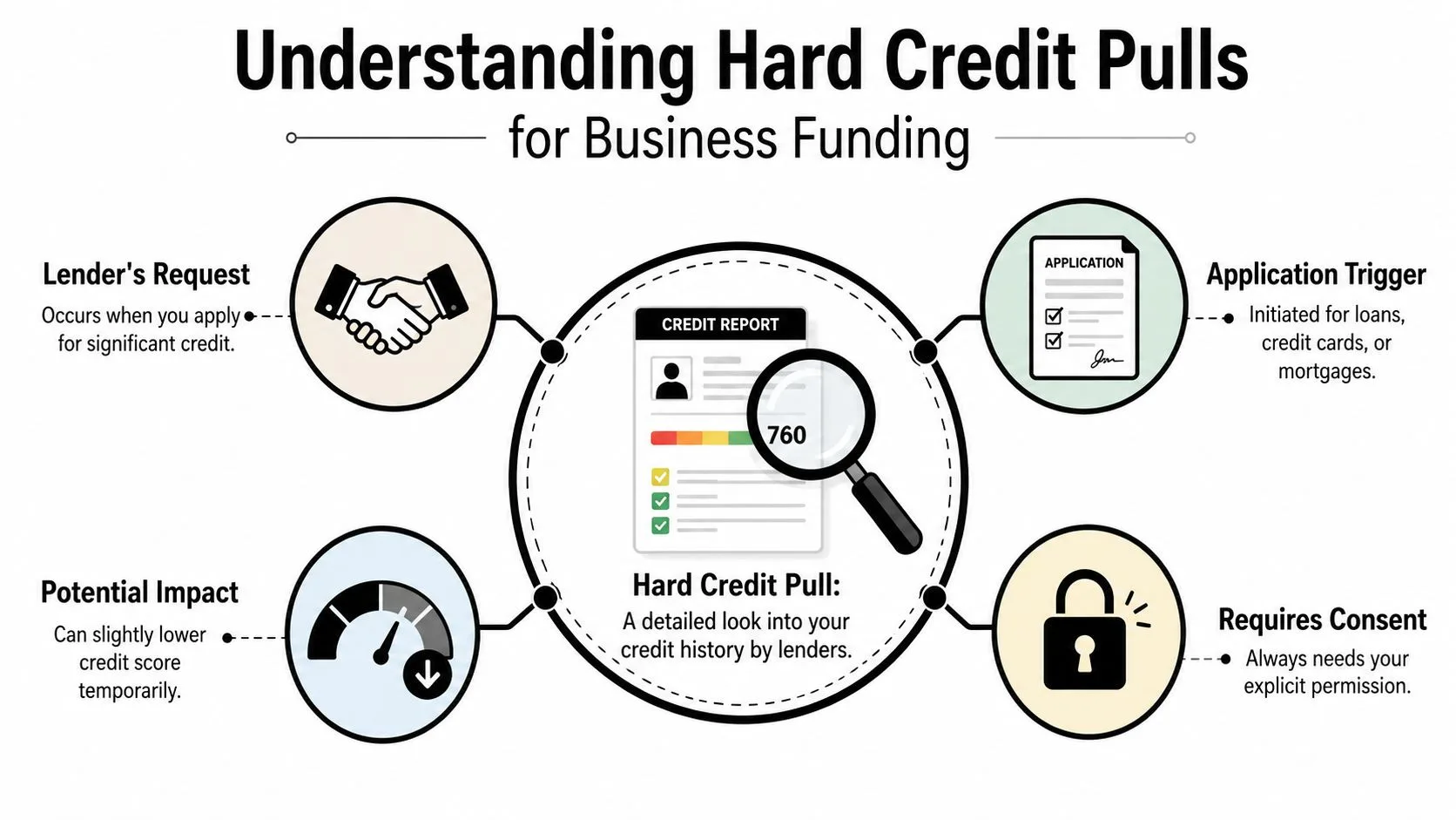 An infographic titled Understanding Hard Credit Pulls explaining how business funding applications impact credit scores.