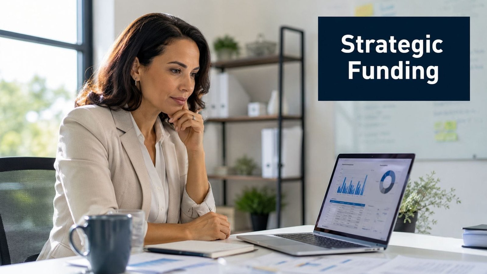 A professional woman in a suit looks at financial charts and graphs on her laptop screen.