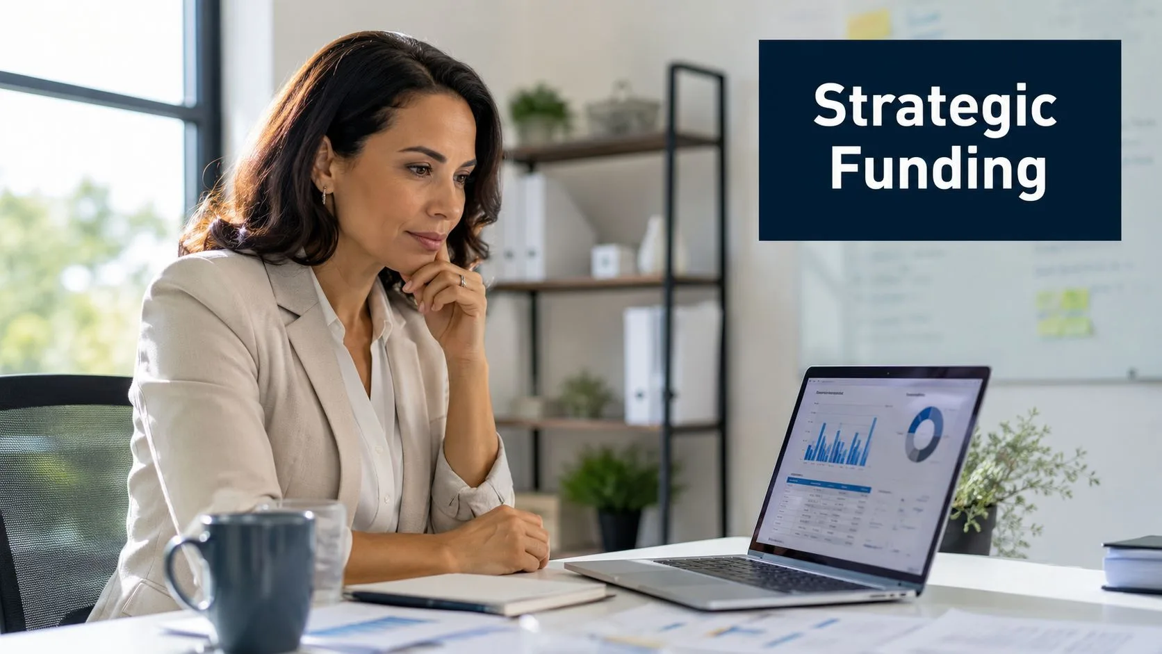 A professional woman in a suit looks at financial charts and graphs on her laptop screen.