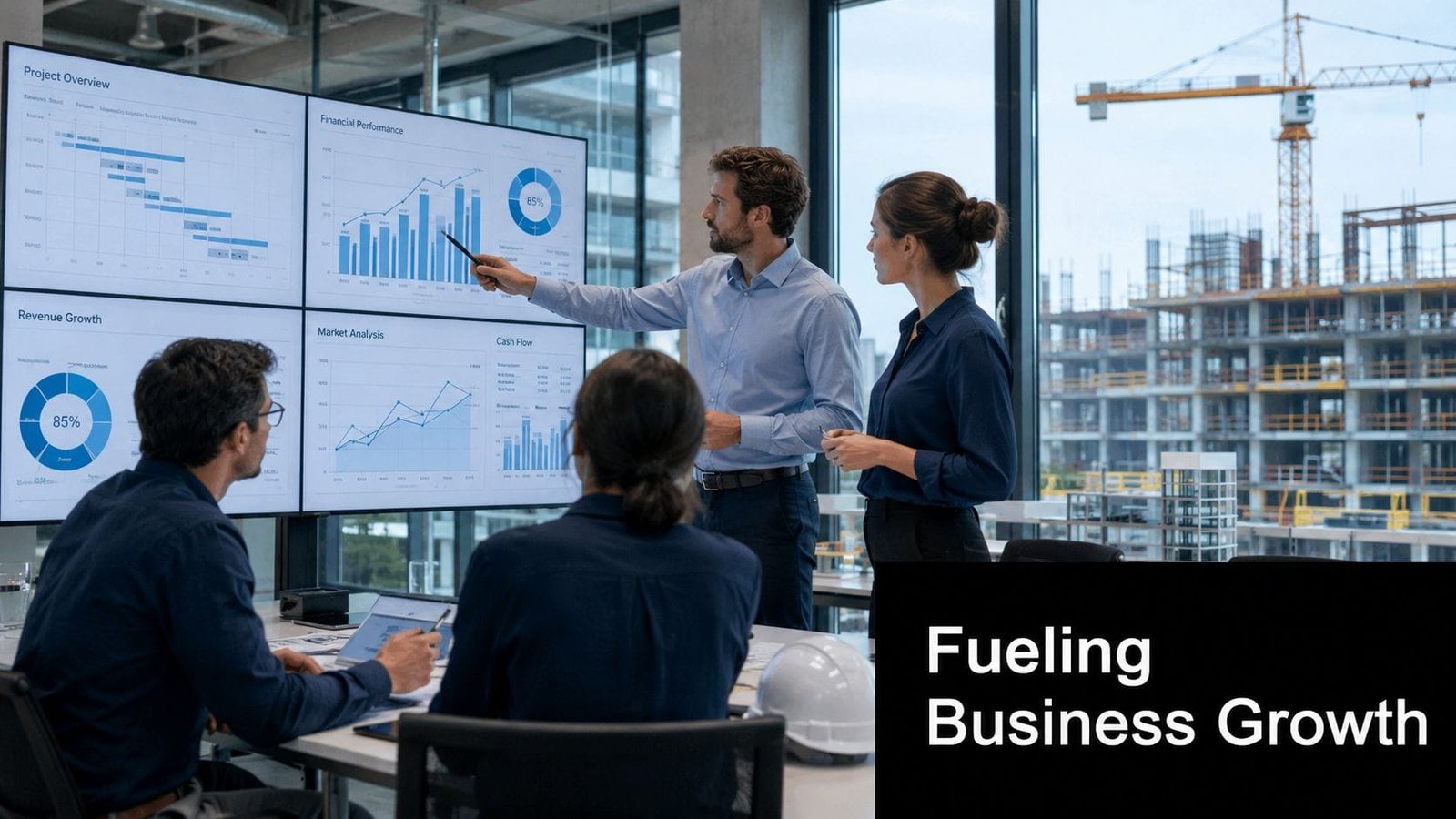 A professional team discussing business growth and financial performance data on screens in an office with construction background.