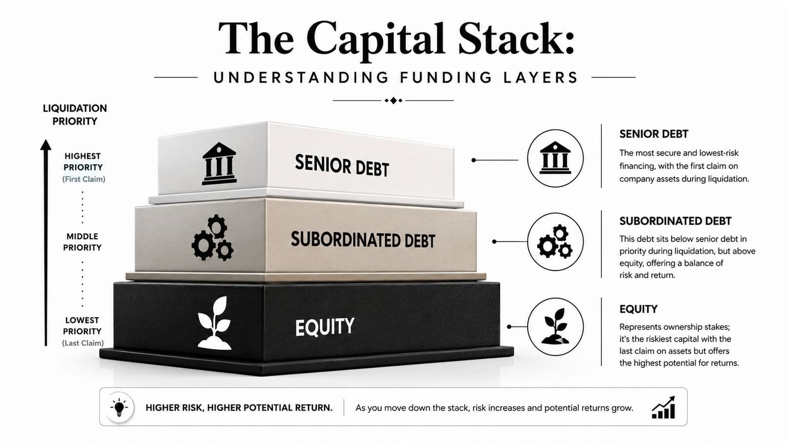 A diagram illustrating the capital stack with senior debt, subordinated debt, and equity layers based on priority.
