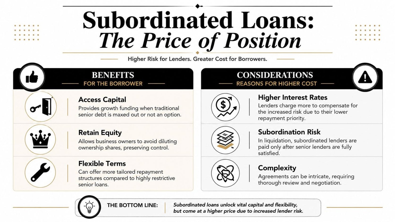 An infographic titled Subordinated Loans explaining the benefits for borrowers and considerations for their higher costs.