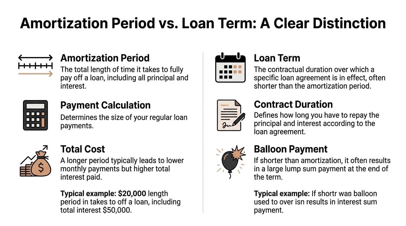 A comparison chart explaining the difference between an amortization period and a loan term for borrowers.