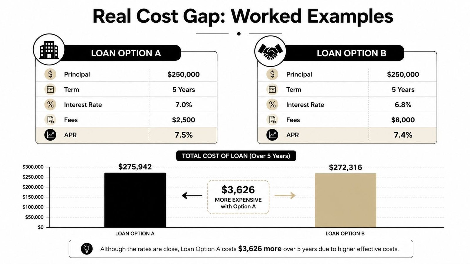 A comparison chart showing how APR and fees affect the total cost of two different loan options.