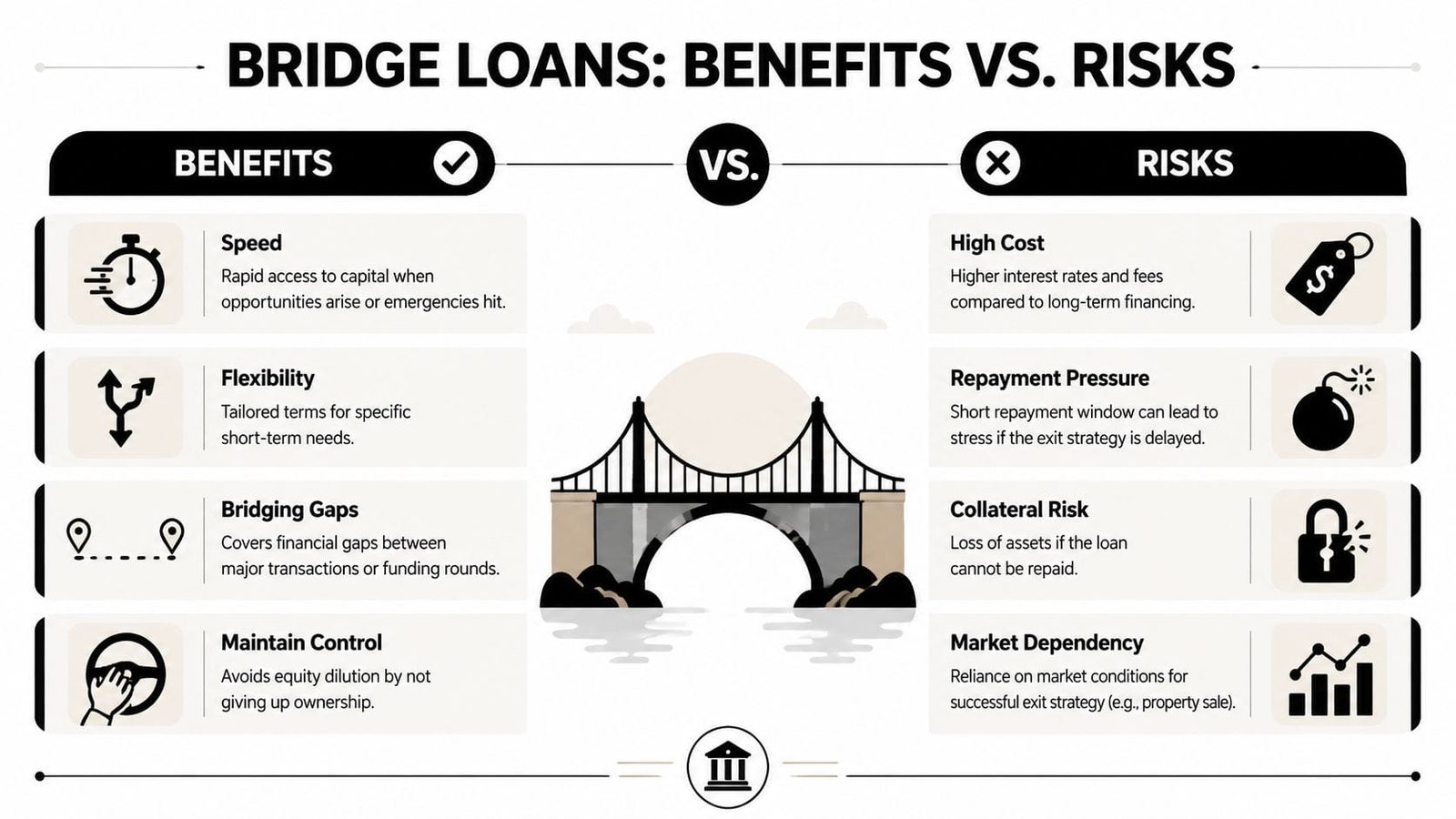 An infographic comparing the primary benefits and risks associated with securing bridge financing for businesses.