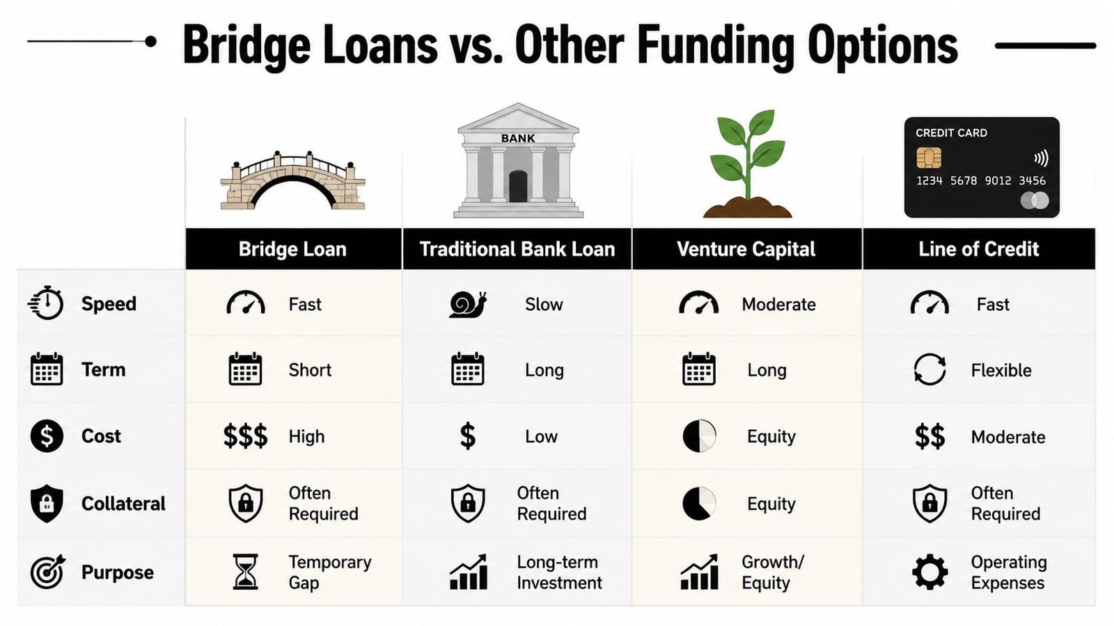 A comparison chart outlining the differences between bridge loans, bank loans, venture capital, and lines of credit.