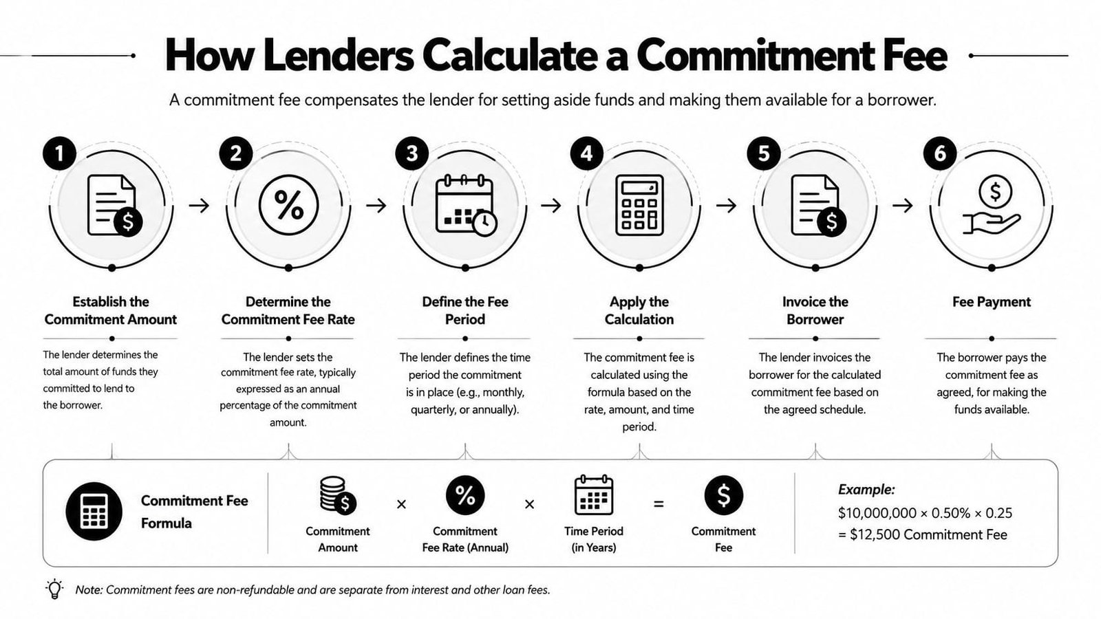 A diagram illustrating the six-step process for how lenders calculate a commitment fee for borrowers.
