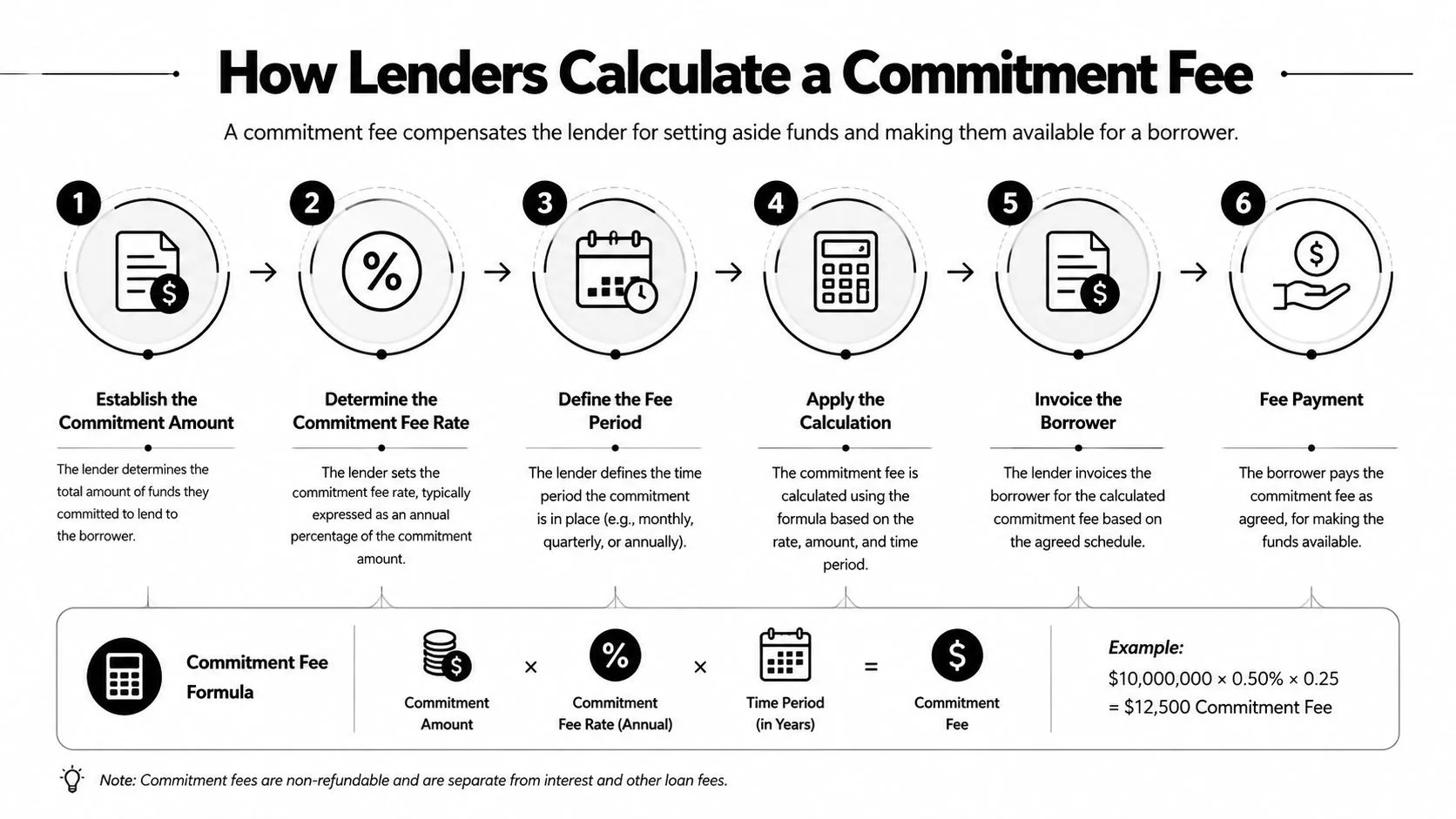 A diagram illustrating the six-step process for how lenders calculate a commitment fee for borrowers.