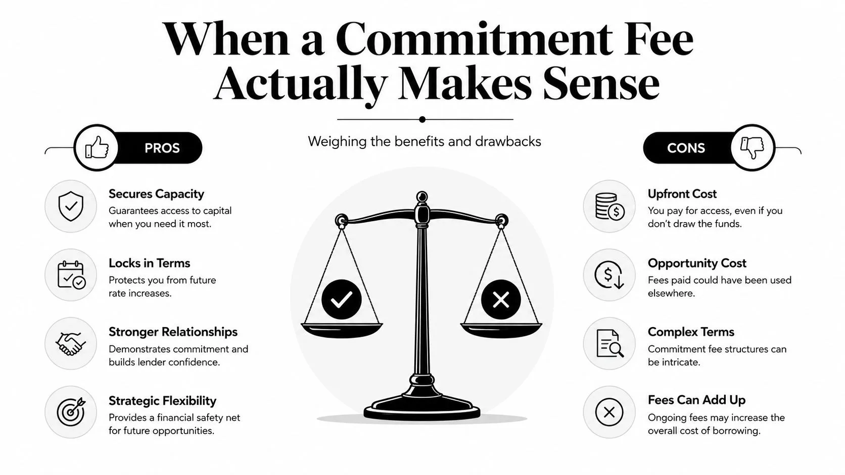 An infographic showing the pros and cons of a commitment fee using a balanced scale illustration.