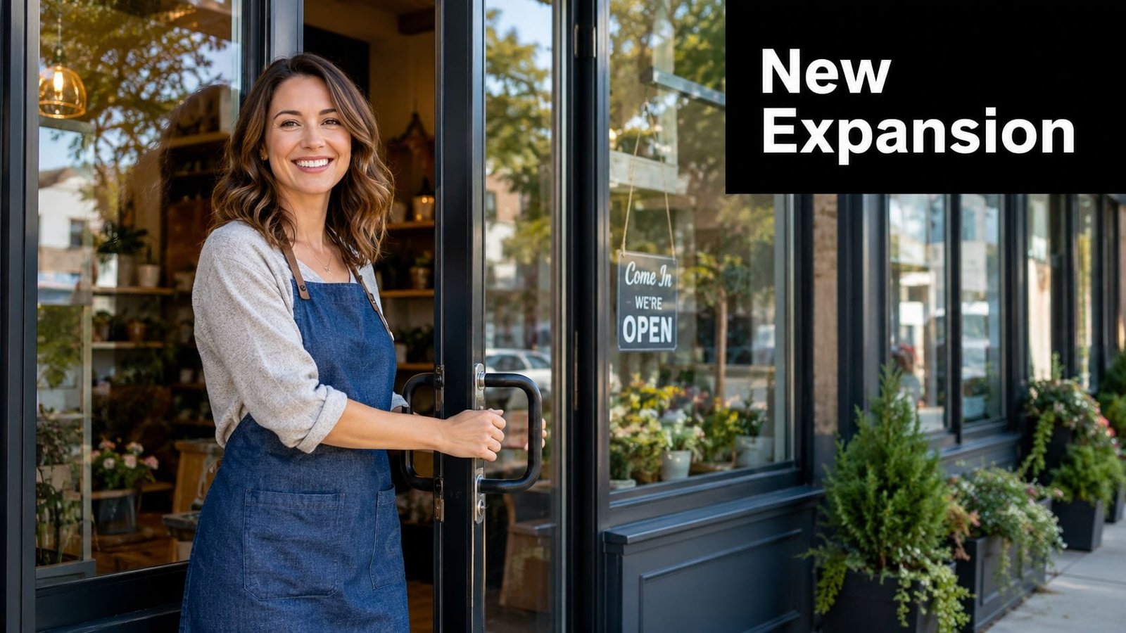 A smiling shop owner wearing a blue apron stands in the doorway of her welcoming retail store.