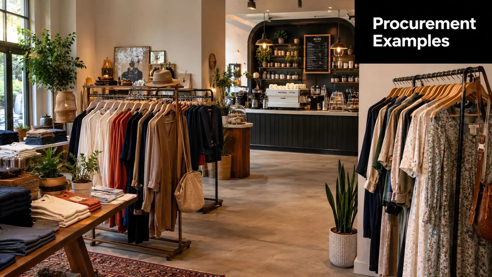 An inviting boutique shop interior featuring clothing racks, retail displays, and an integrated coffee bar area.