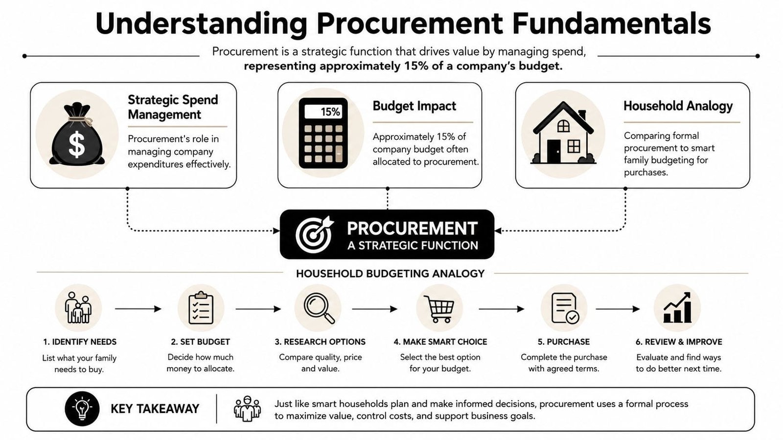 An infographic illustrating procurement as a strategic business function using a simple household budgeting analogy.