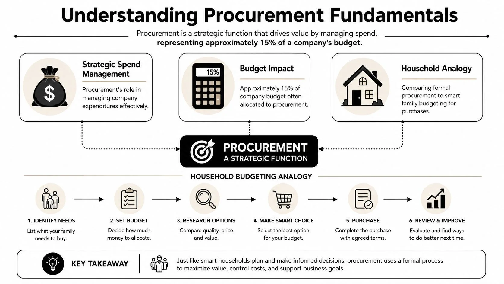 An infographic illustrating procurement as a strategic business function using a simple household budgeting analogy.