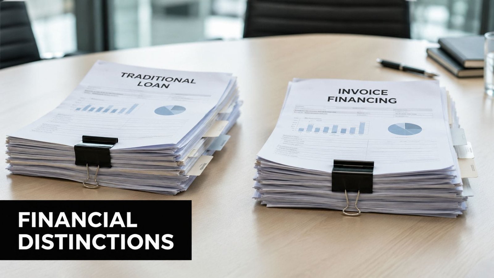 Two stacks of financial documents on a desk, comparing traditional loan versus invoice financing options.